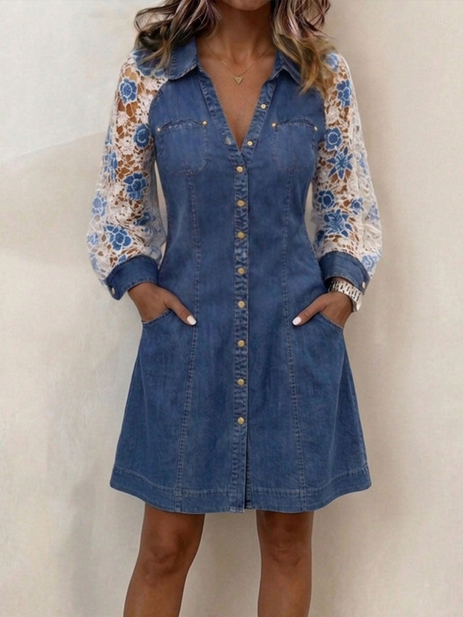 Women's Casual Loose Denim-paneled Dress With Shirt Collar And Long Sleeves