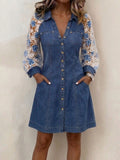 Women's Casual Loose Denim-paneled Dress With Shirt Collar And Long Sleeves
