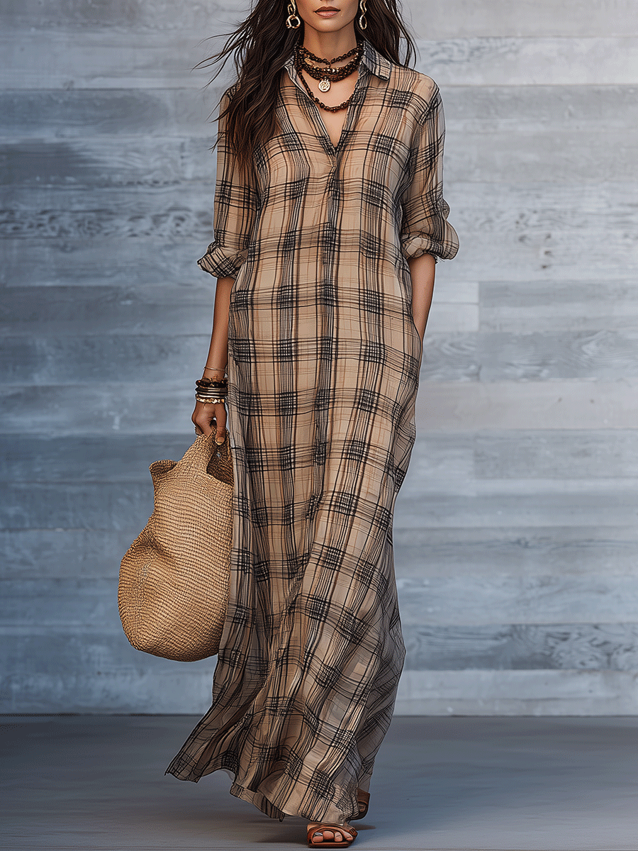 Elegant Vacation Vintage Plaid Button-Front Relaxed-Fit Maxi Dress