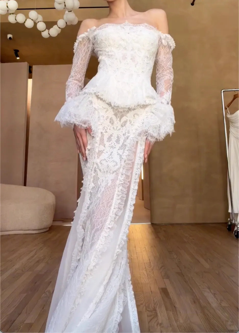 Off The Shoulder Long Flare Sleeve Lace Mermaid Wedding Dress Two Piece Corset Bridal Gown With High Slit