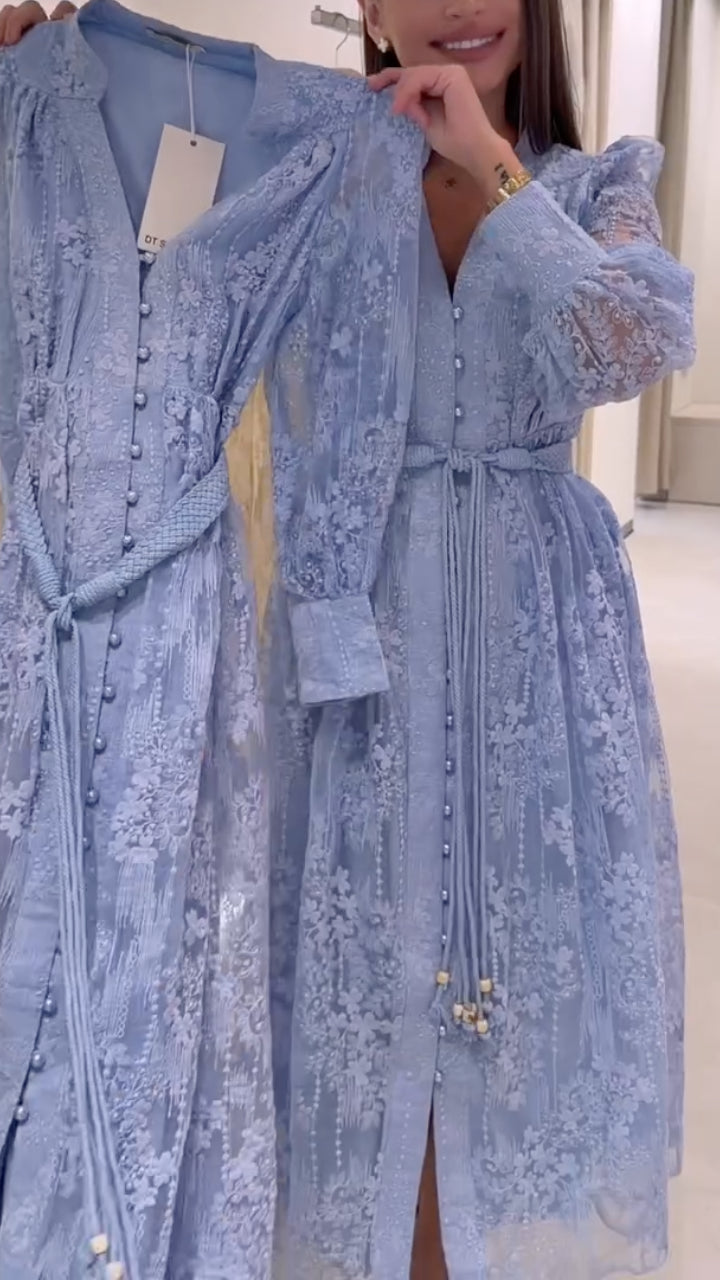 Lace Embroidery Lantern Sleeve Tie Waist A-Line Midi Dress