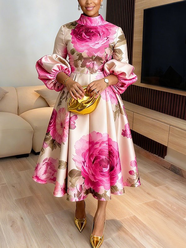 A-Line Long Sleeves Elasticity Flower Print Pleated Mock Neck Maxi Dresses