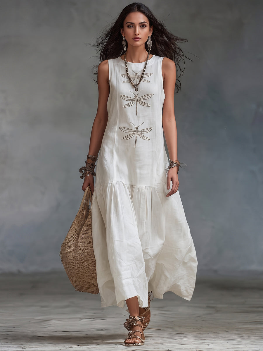 Retro Boho Dragonfly-print Cotton-linen Maxi Dress