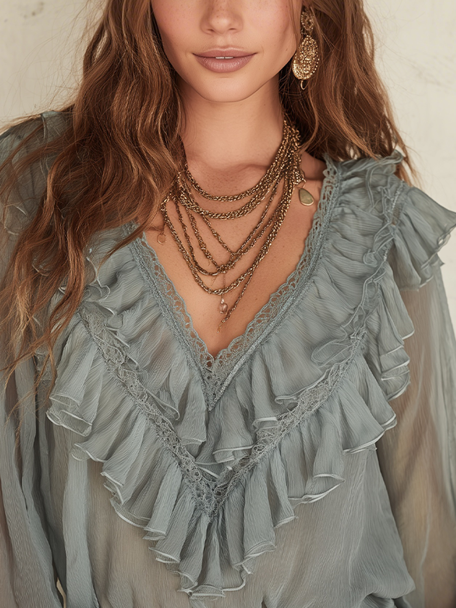 Bohemian Sage Green Lace Ruffled Shirt