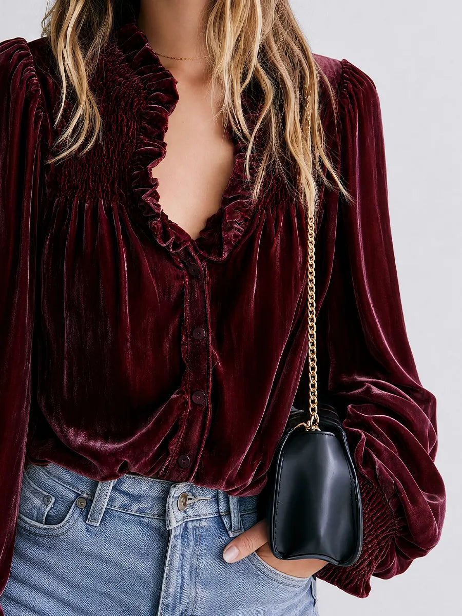 Boho Luxe Button Front Velvet Balloon Sleeve Top