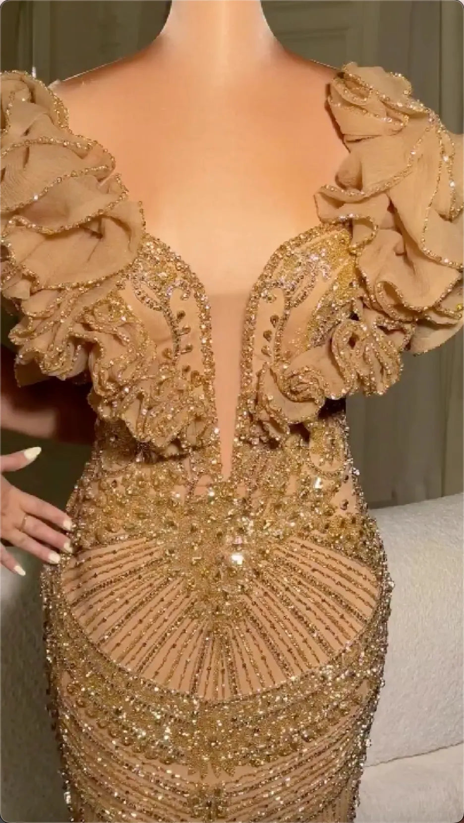 Deep V Ruffled Off Shoulder Rhinestone Embroidered Mermaid Evening Gown, Nude Gold Sunburst Beaded Sheer Train Formal Dress
