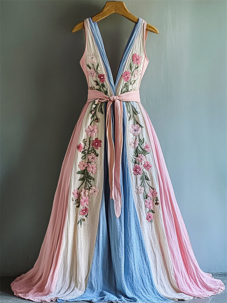 Floral Embroidered Transgender Colorblock Linen Maxi Dress