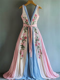 Floral Embroidered Transgender Colorblock Linen Maxi Dress