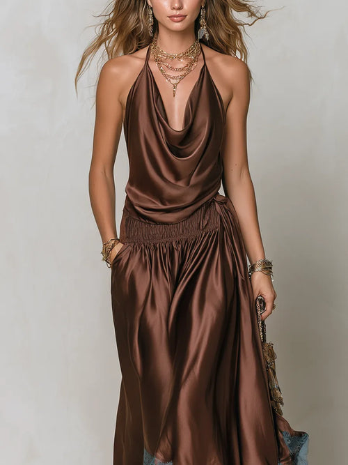 Bohemian Style Draped Neck Top And Lace Skirt Set