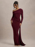Aurelle Asymmetric Off-Shoulder Bodycon Maxi Dress – Ruched Summer Occasion Dress in Burgundy, Black or Green