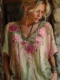Boho Pink Roses 3d Embroidered Glitter Gradient Linen Shirt