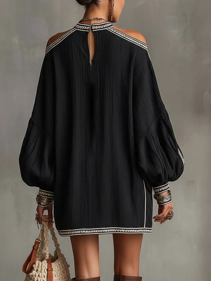Boho Embroidered Trim Lantern Sleeve Dress