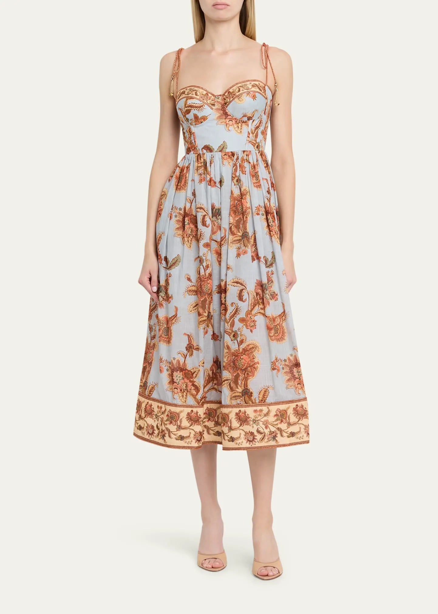 Vintage Floral Spaghetti Strap Bustier Midi Dress