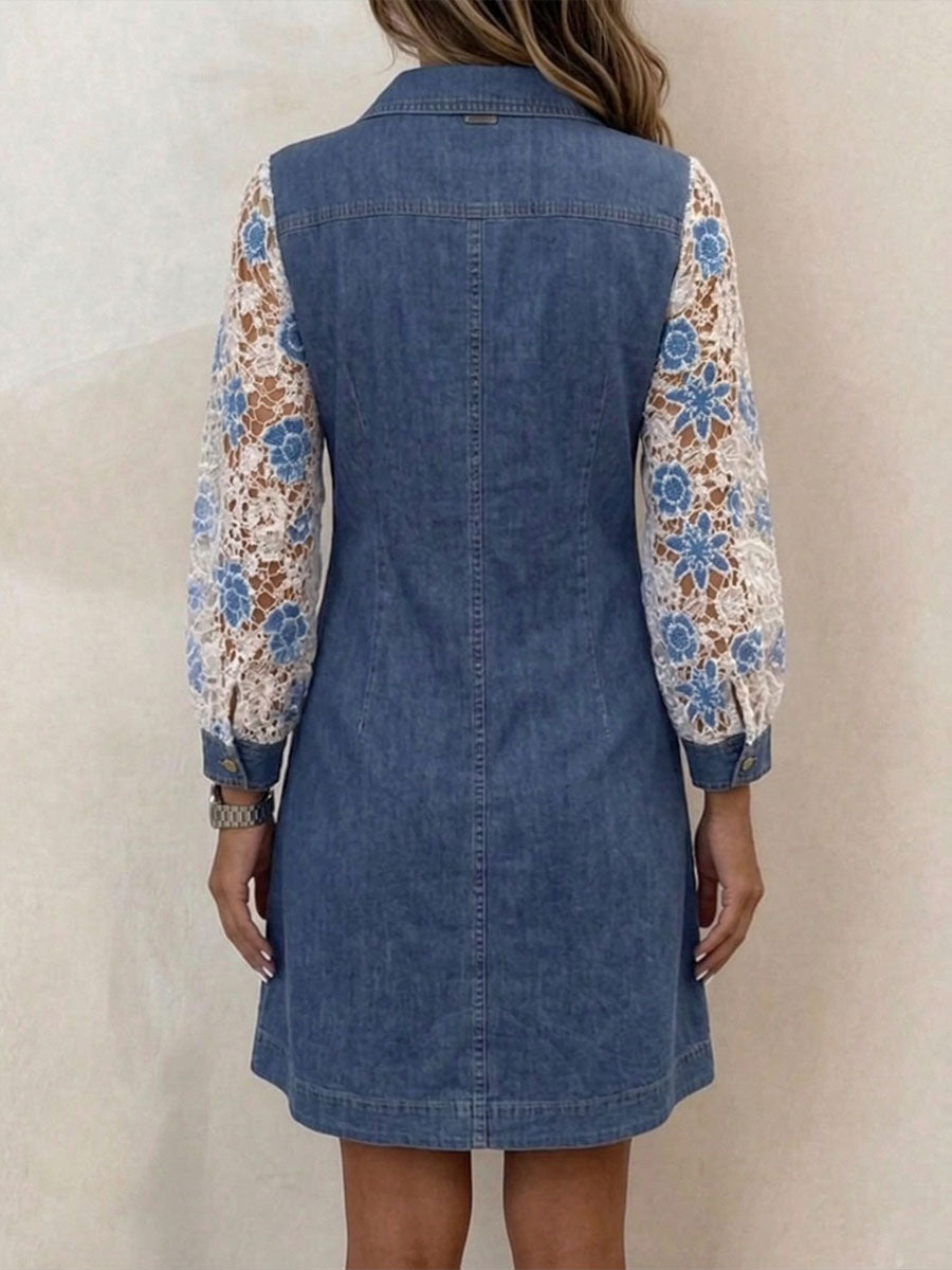 Women's Casual Loose Denim-paneled Dress With Shirt Collar And Long Sleeves