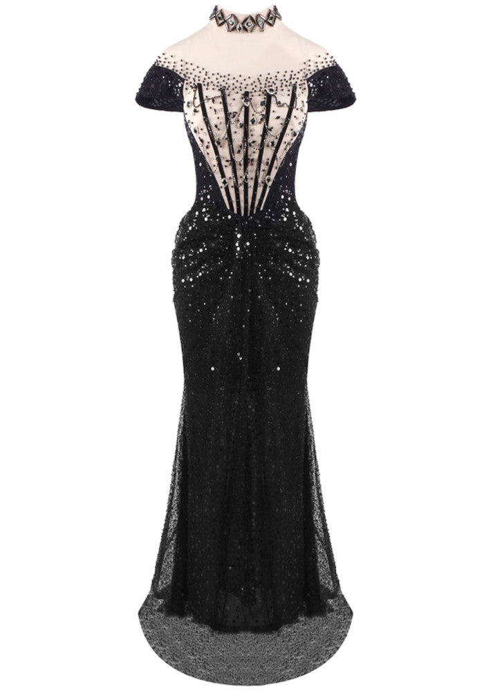 Short Sleeve Sequin Structured Maxi Dress Black