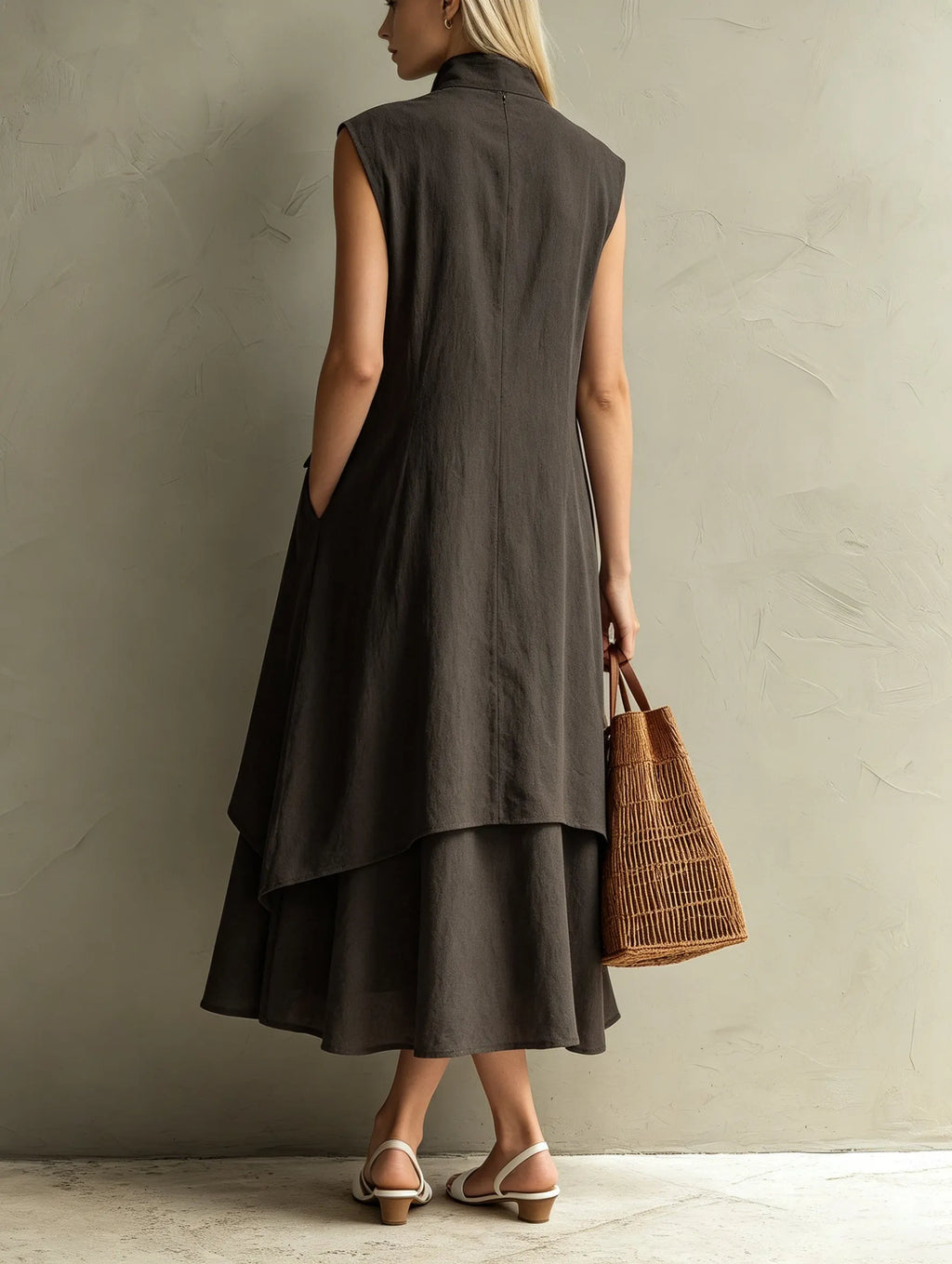 Dark Brown Linen Cotton Two-piece Midi Dress Set (stand Collar Sleeveless Tunic + Lined Skirt)