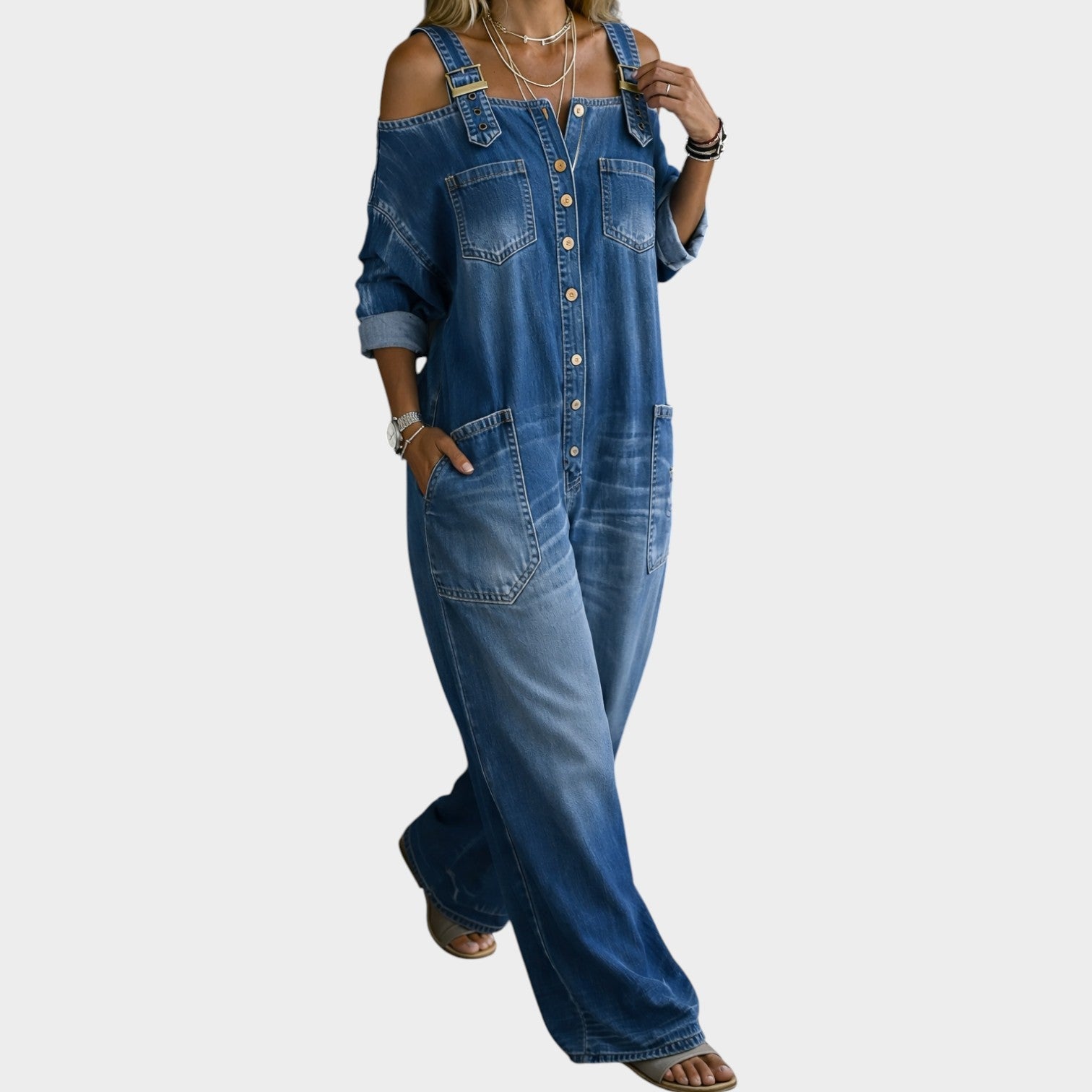 Denim Off-Shoulder Wide-Leg Jumpsuit