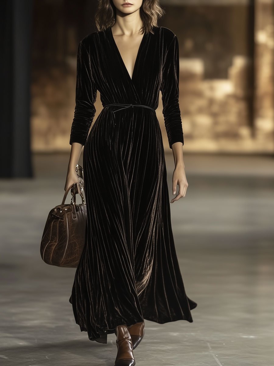 [24-hour shipping out]V-Neck Retro Solid Color Belted Velvet Long-Sleeved Maxi Dress