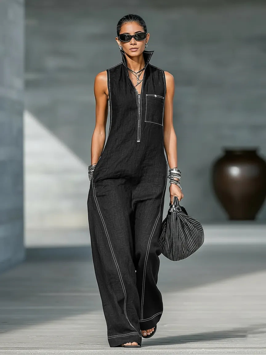 Women's Minimalist Loose-fitting White Trim Sleeveless Jumpsuit MDA3086L9Y