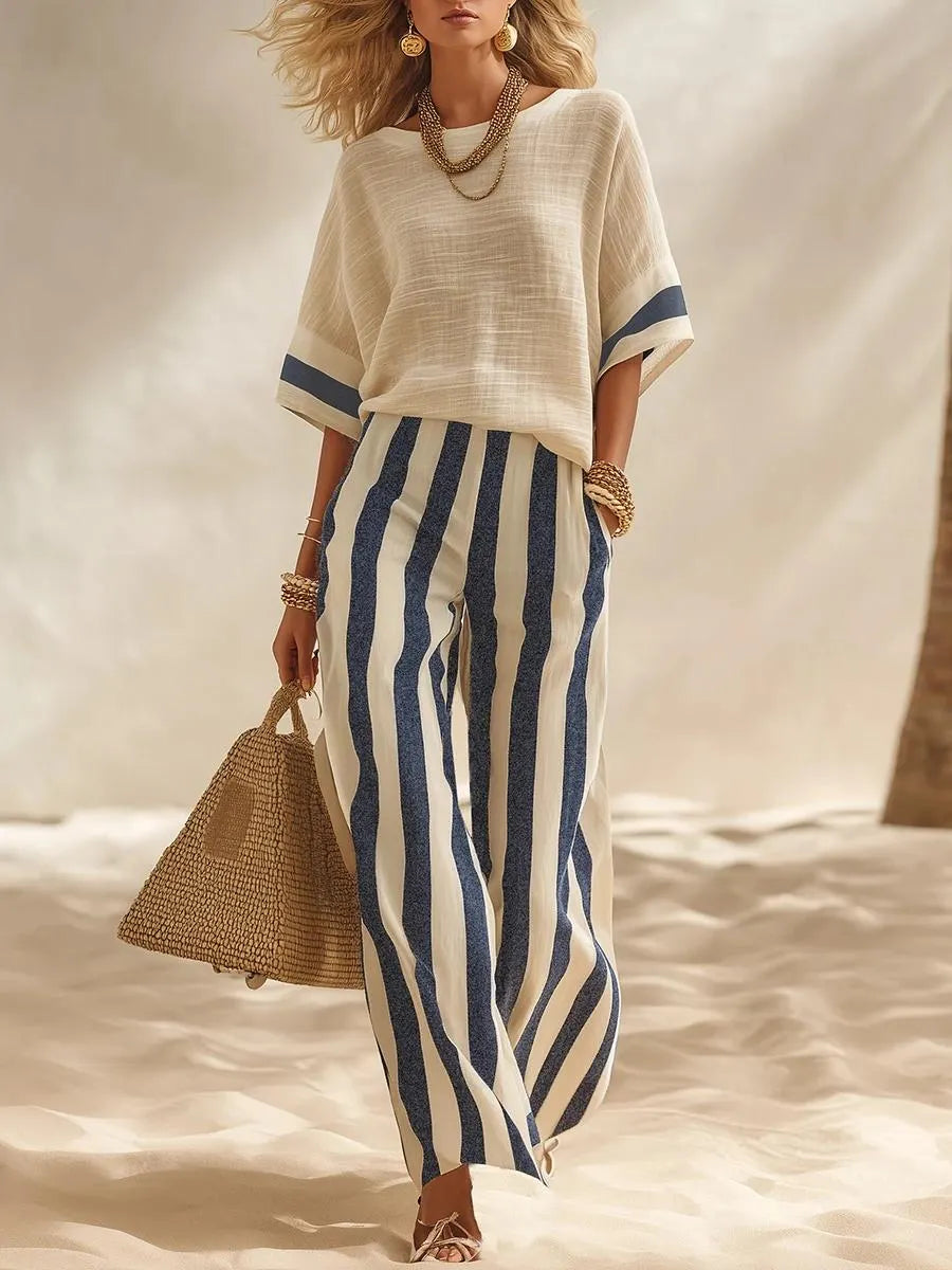 Beige Textured Cotton-linen Color-block Top & Blue-white Striped Elastic Waist Wide-leg Pants Set