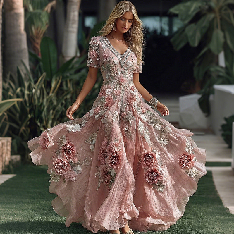 Women's Vacation Rose Floral Print Short Sleeve Dress