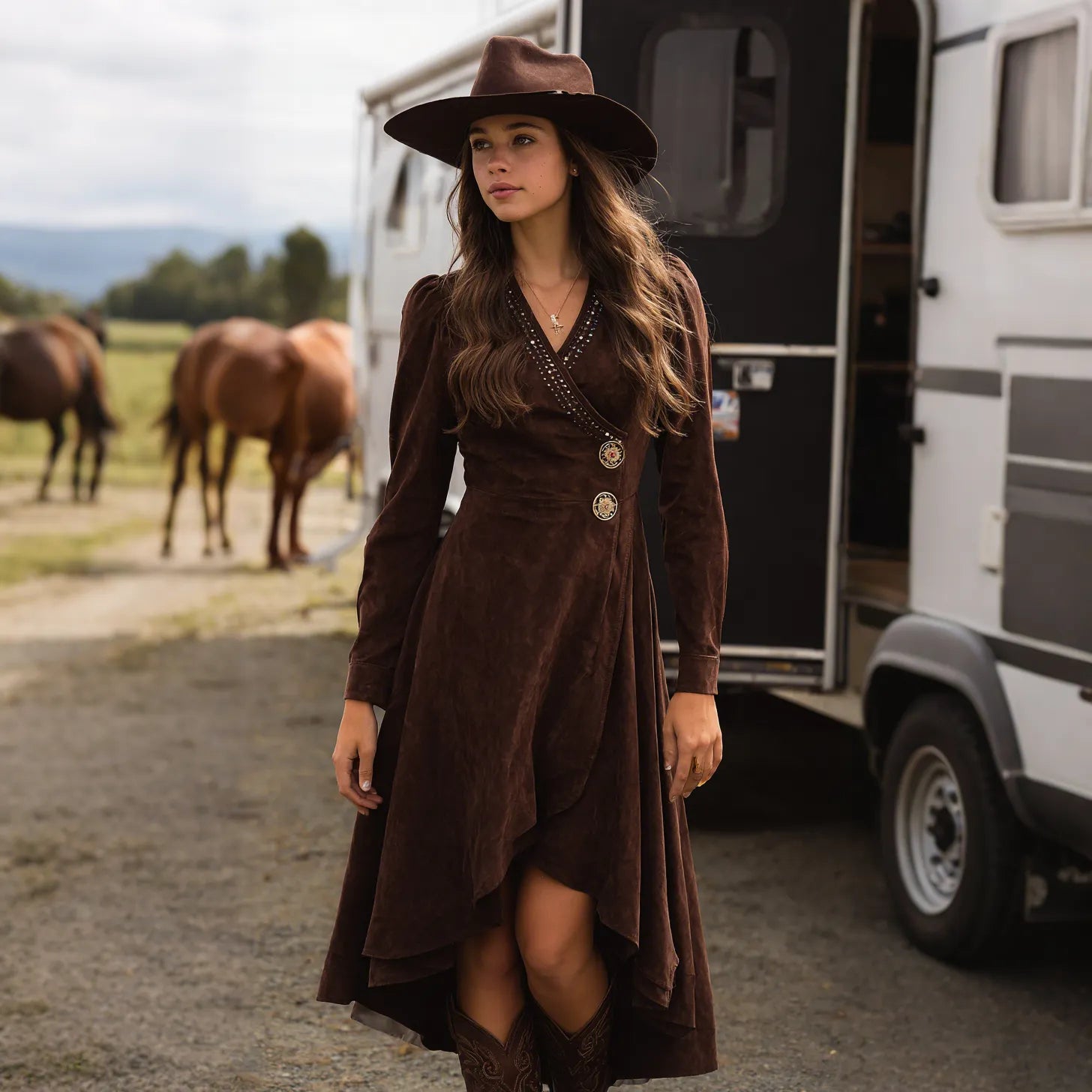 Women's Retro Western Style Mid-Neck Long Sleeve Maxi Dress