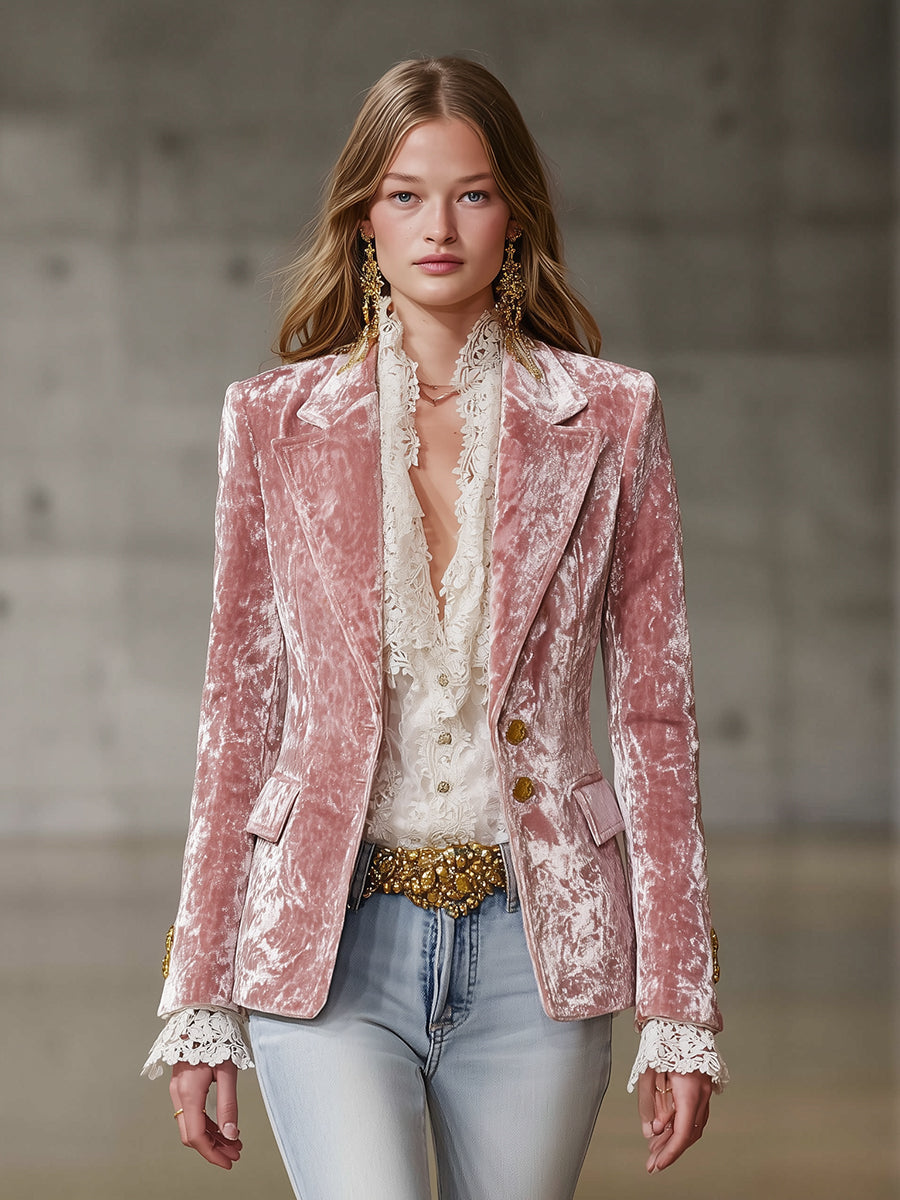 Fashion Retro Pink Velvet Gold Button Blazer