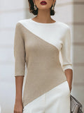 Asymmetric Color-Block 3/4 Sleeve Knit Top