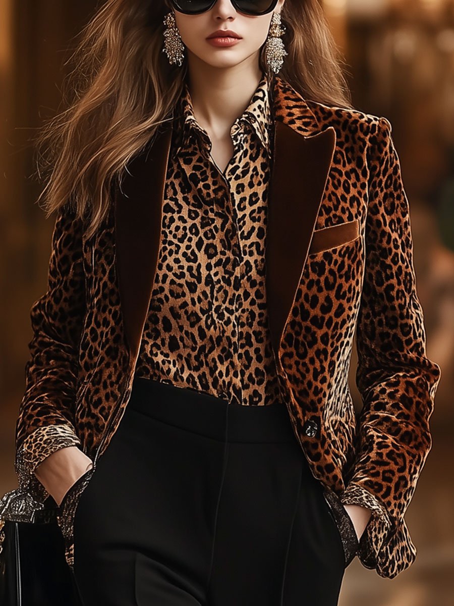 [24-hour shipping out]Casual Loose Retro Velvet Leopard Print Collar Blazer