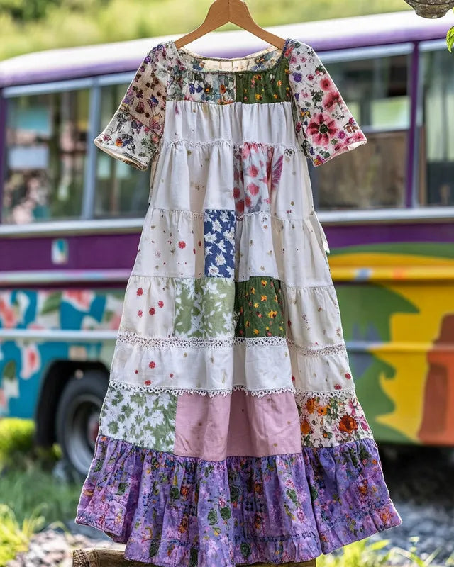Summer vacation loose patchwork cotton and linen dress 47fd