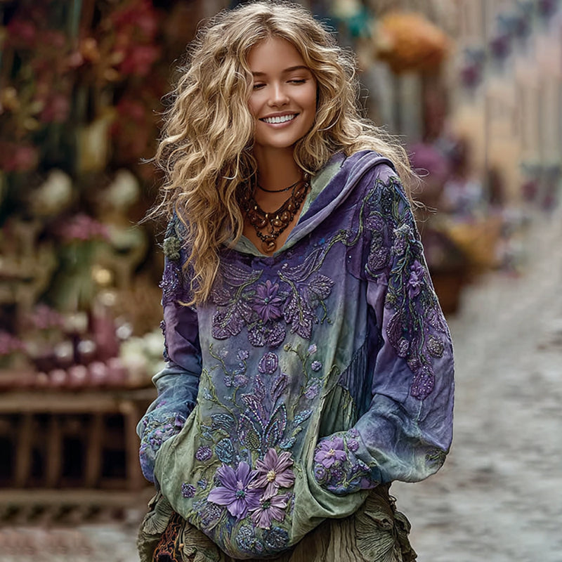Vintage Green And Purple Rose Art Linen Hoodie