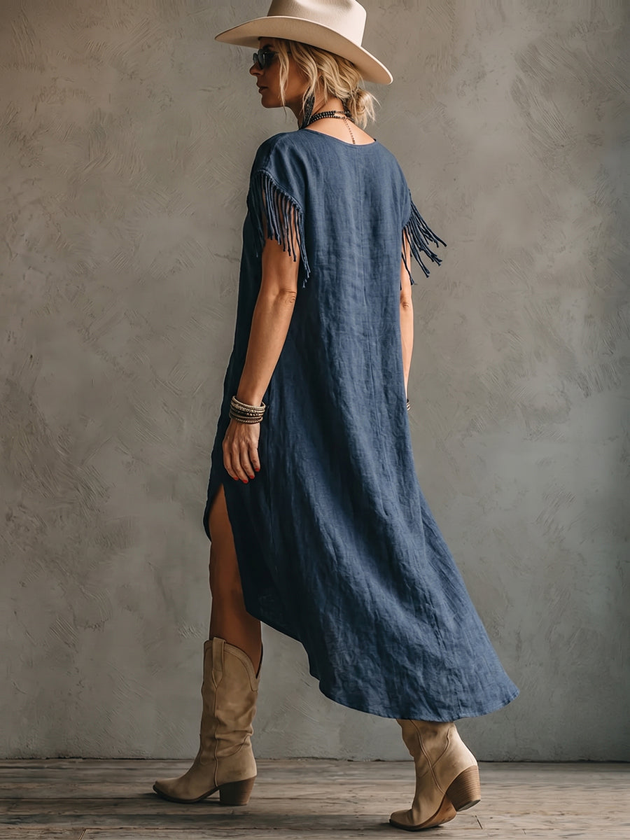 Boho Casual Cotton Dress With Fringed Sleeves
