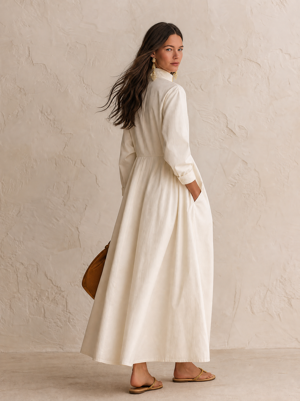 Women's Half-Zip Stand Collar Long Sleeve Pockets Maxi Dress