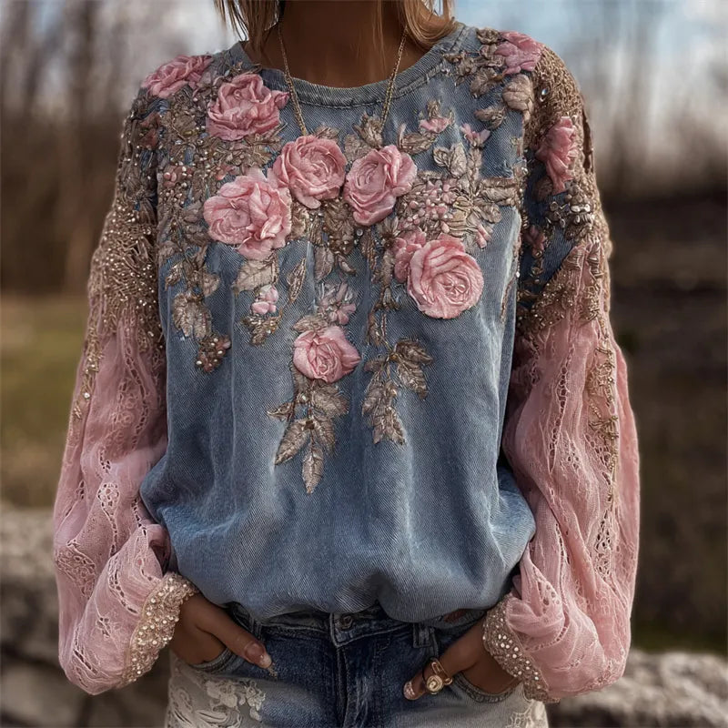 Vintage Pink Flowers Glitter Embroidered Patchwork Sweatshirt