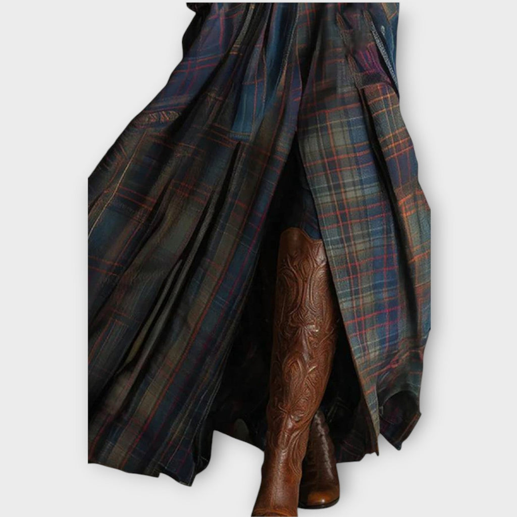Vintage Plaid Maxi Dress with Fitted Jacket Bodice