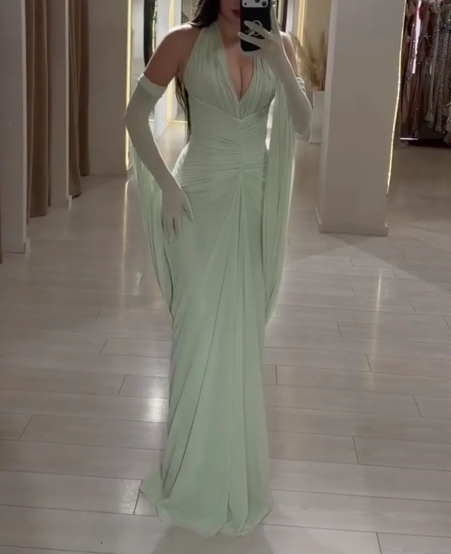 Mint Green Halter Deep V Mermaid Evening Maxi Dress - Ruched Drape Mesh Formal Gown