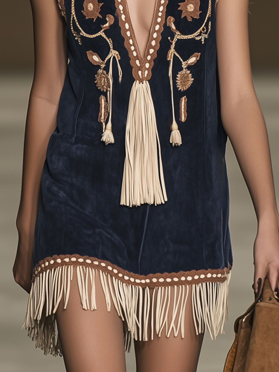 [24-hour shipping out]Casual Loose Vintage Suede Bohemian Embroidered Tassel Sleeveless Mini Dress