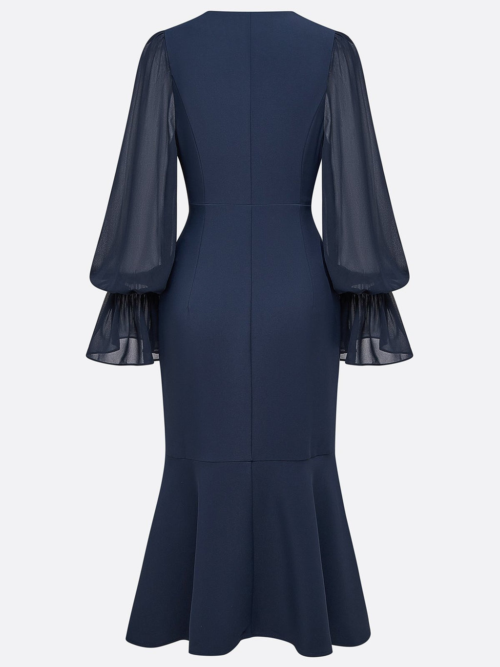 Purplish blue Buckle Classic V Neck Long Sleeve Bell Sleeve Mermaid Midi Dress