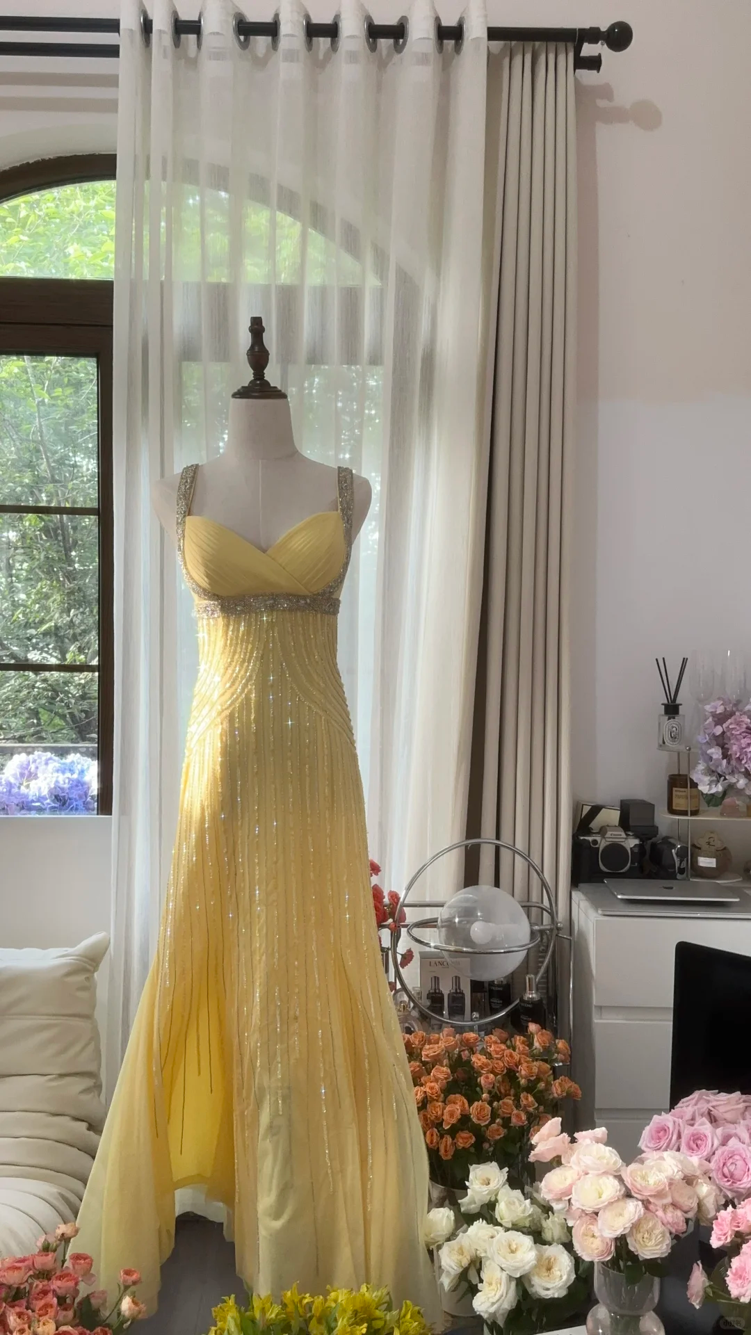 Lit Yellow Gorgeous Shiny Fashion Elegant Exquisite Beaded Long Tulle Backless Fairy Ball Gown Evening Dress Birthday/Wedding Guest/Holiday Party Dress Prom Dress Valentine's Day Date Dress