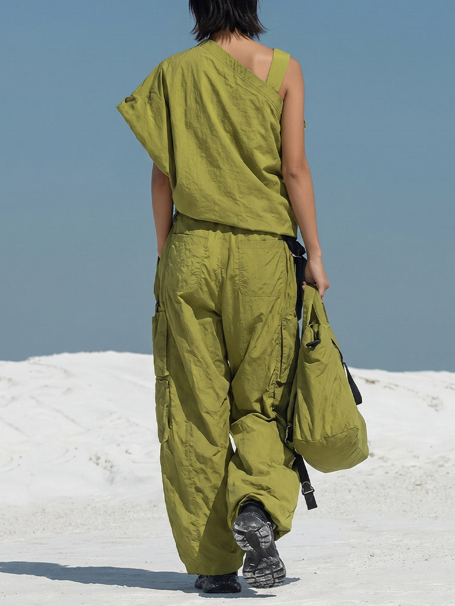 Women's Solid-color Cotton Two-piece Set: Asymmetrical-sleeve Loose-fit Top & Elastic-waist Wide-leg Pants