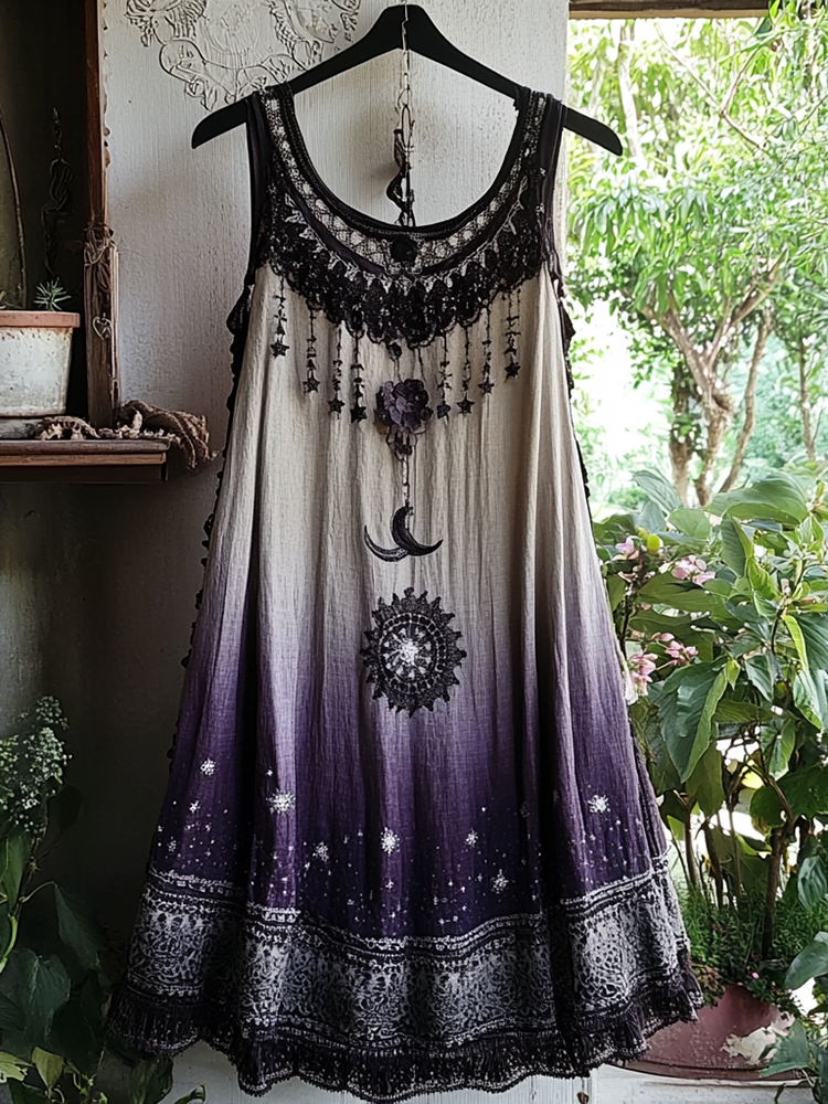 Women's Vintage Tribal Stars And Moon Embroidered Sleeveless Dress