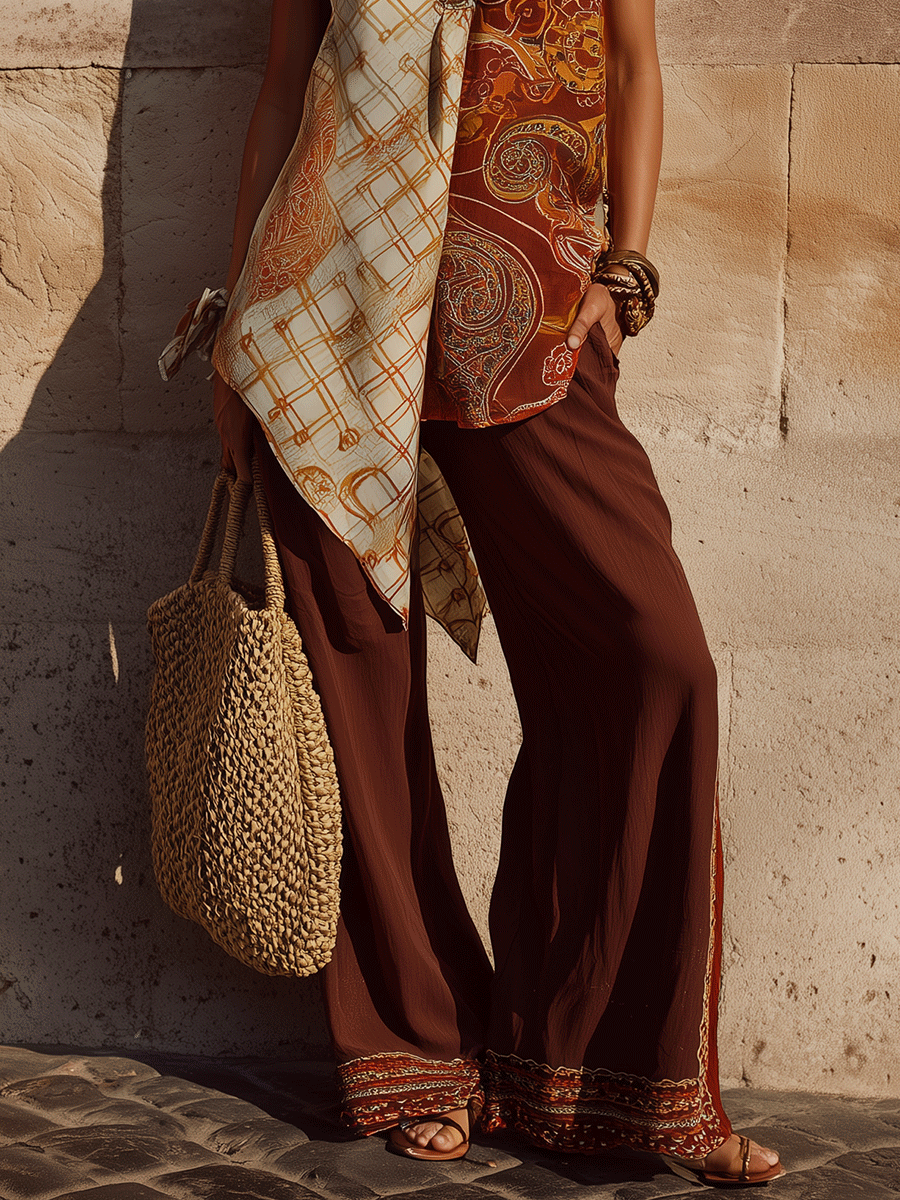Bohemian Asymmetric Panel Soft Silhouette Casual Tunic Top And Pant Set