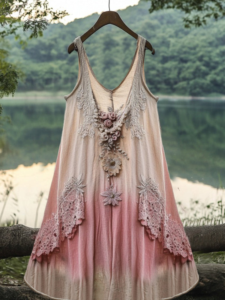 Bohemian Lace Japan Sakura Embroidery Cozy Linen Tank Dress