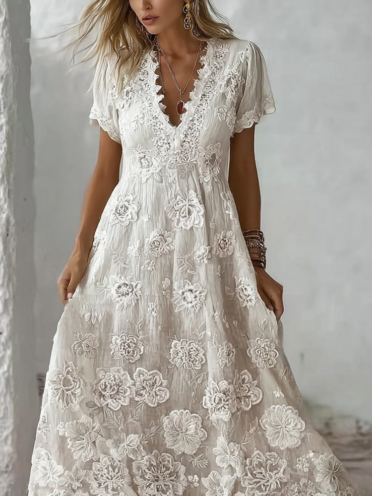 Elegant Floral Lace Embroidered Cozy Linen Maxi Dress