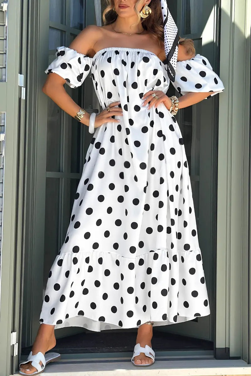 White Black Polka Dot Off Shoulder Maxi Dress