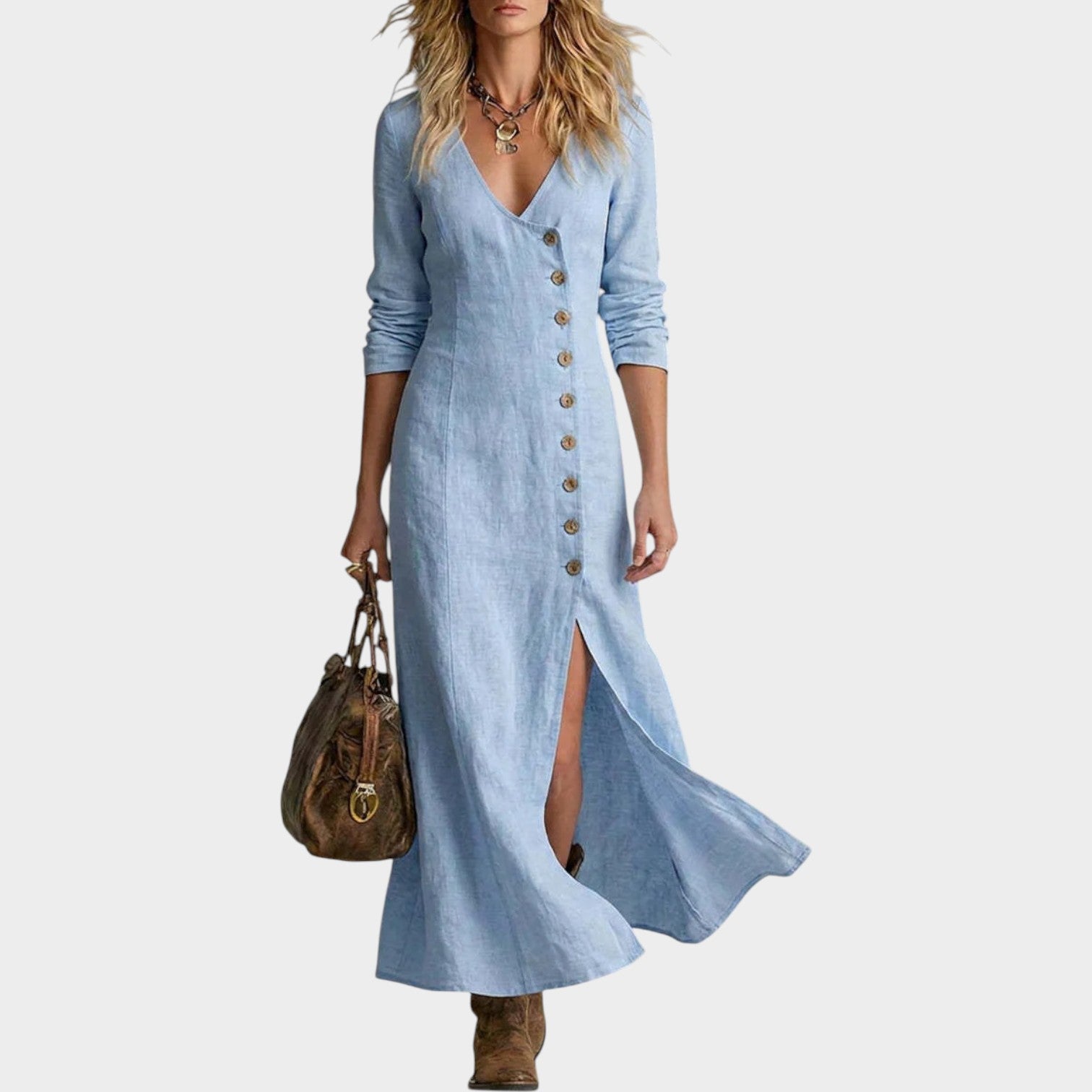 Button-Front Linen Maxi Dress