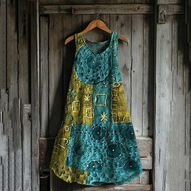 Abstract Creative  Patchwork Art Linen Blend Tank Dress a84c