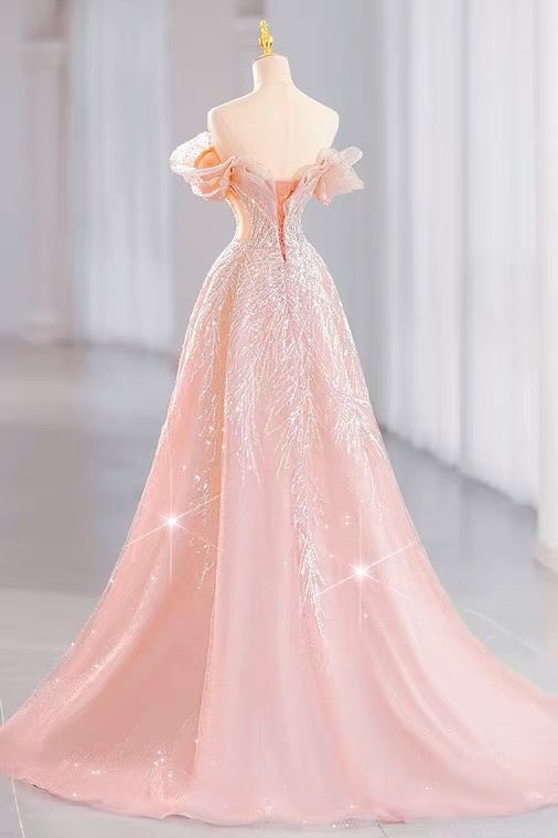 Pink Evening Dress, Princess Prom Dress, ,off Shoulder Party Dress    25014