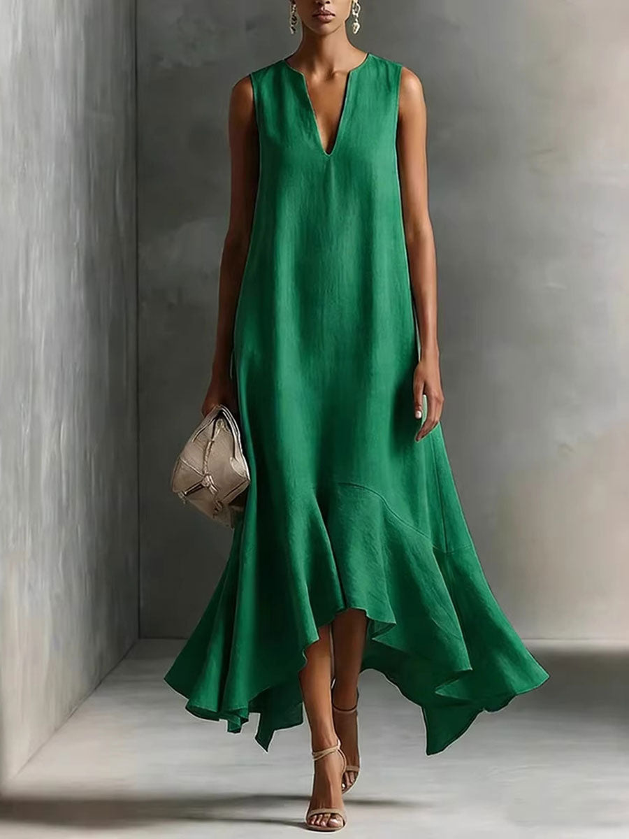 Women's Cotton-linen Deep V-neck And Asymmetrical Hem Elegant Slimming Sleeveless Dress