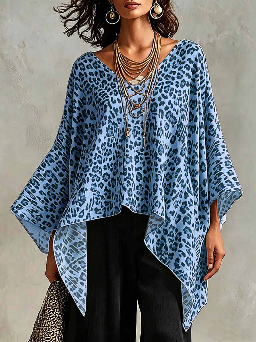 Women's Vintage Leopard Print V-neck 3/4-sleeve Casual Loose Cotton-linen Top